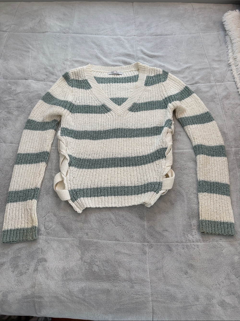 Striped V-Neck Sweater with Side Criss-cross Detail — Cream and Sage
